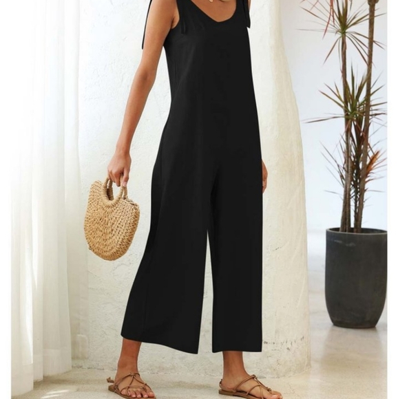Black Tie Strap Sleeveless Wide Leg Jumpsuit - Picture 3 of 5